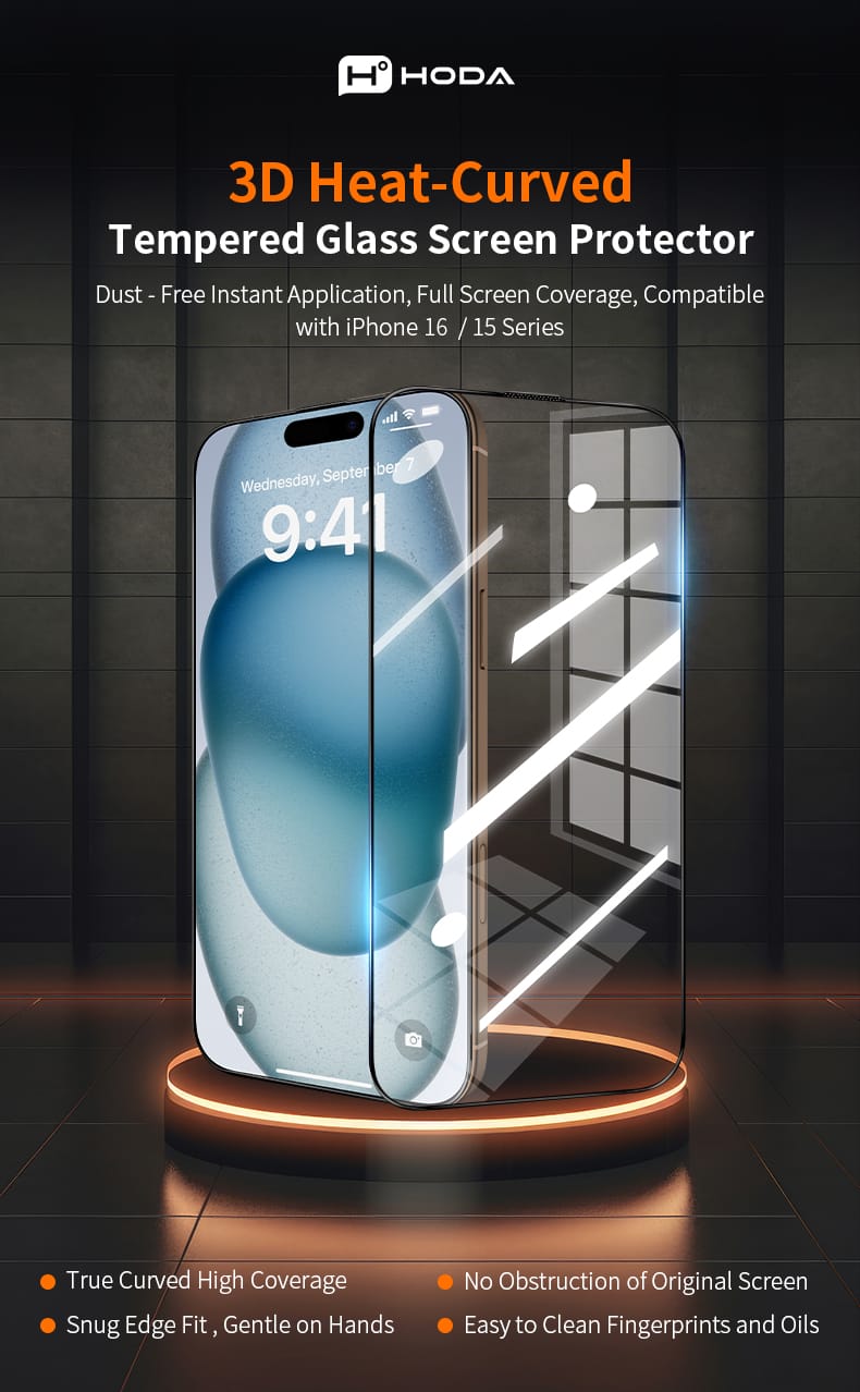 Kính cường lực HODA kèm khung trợ dán trong suốt 3D Full có viền đen cho iPhone 16 series-02