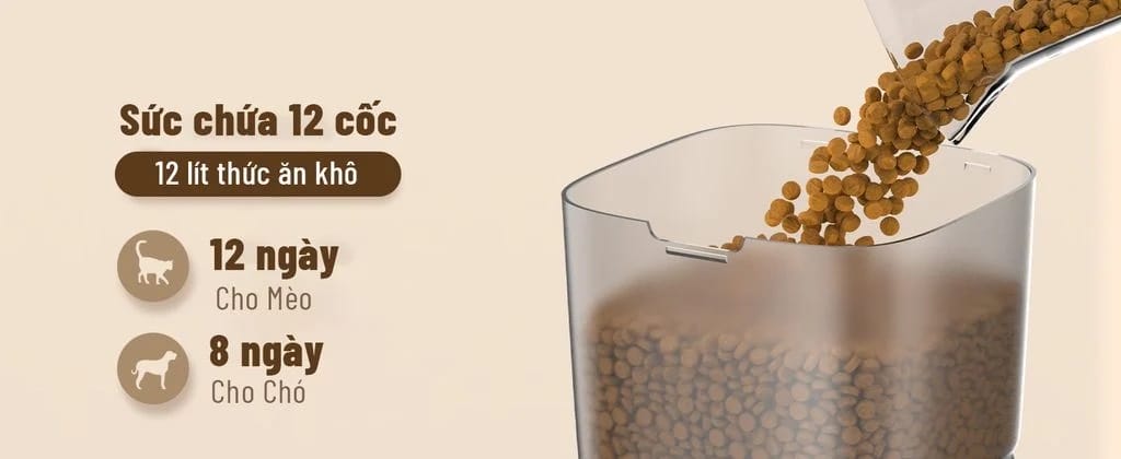 Máy cho thú cưng ăn tự động Oneisall PFD-001 Pro 34 Máy có sức chứa 12 cốc thức ăn, 12 lít thức ăn khô , 12 ngày cho mèo , 8 ngày cho chó